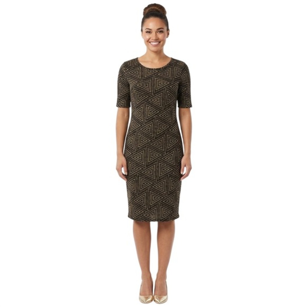 LuLaRoe Julia Dress Medium Black‎ Gold Metallic Geometric Triangle Midi NWT